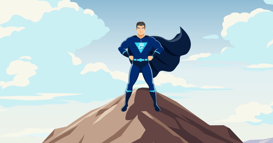 Annimated image of a super hero wearing blue with a white Easiway logo.