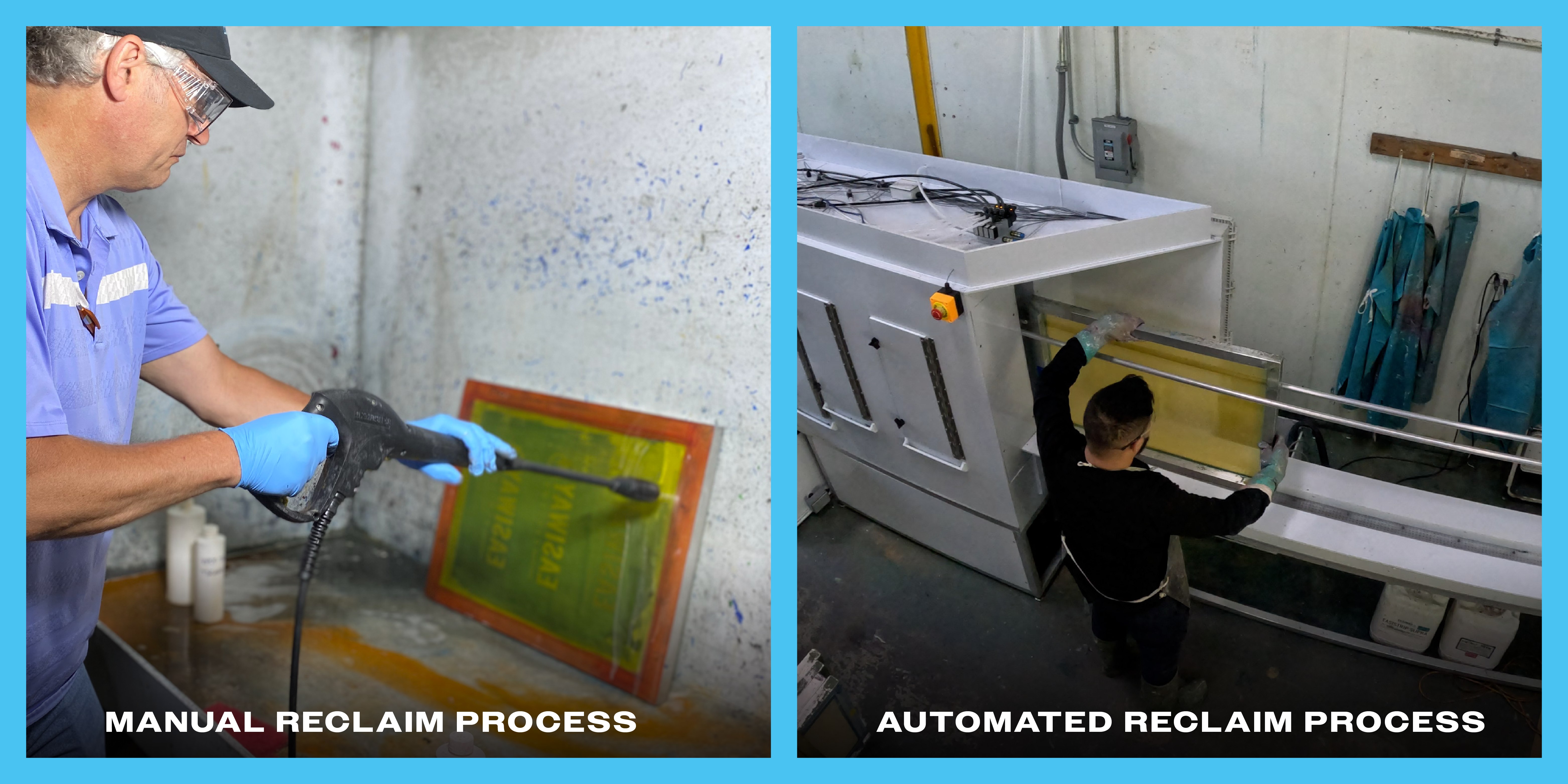 Screen printing shop team using automated reclaim system