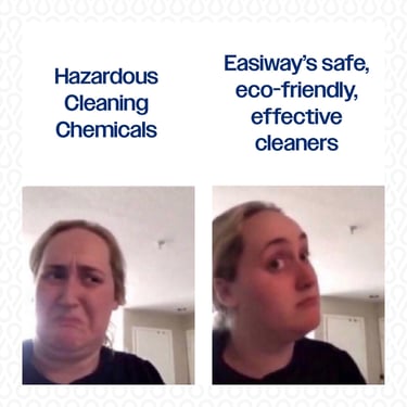 Meme comparing harsh cleaning chemicals to Easiway's safe, eco-friendly cleaners