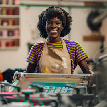 Worker in print shop holding screen